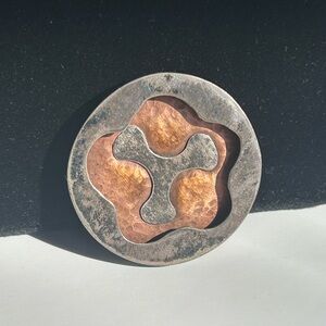 Silver-tone and Copper Abstract Brooch Artisan Handmade